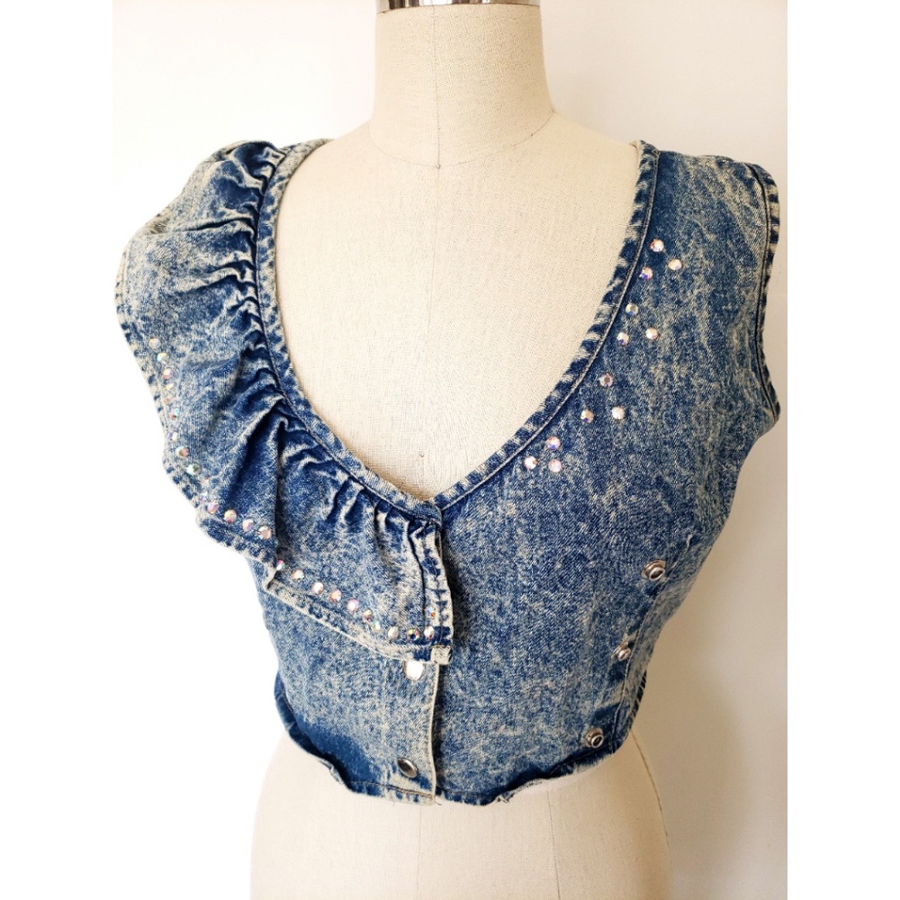 80s Acid wash denim jean crop vest rhinestones